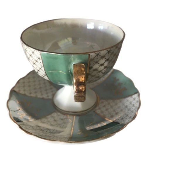 Lusterware Pedestal Teacup Saucer pistachio gold signed Collectors item - Picture 2 of 4